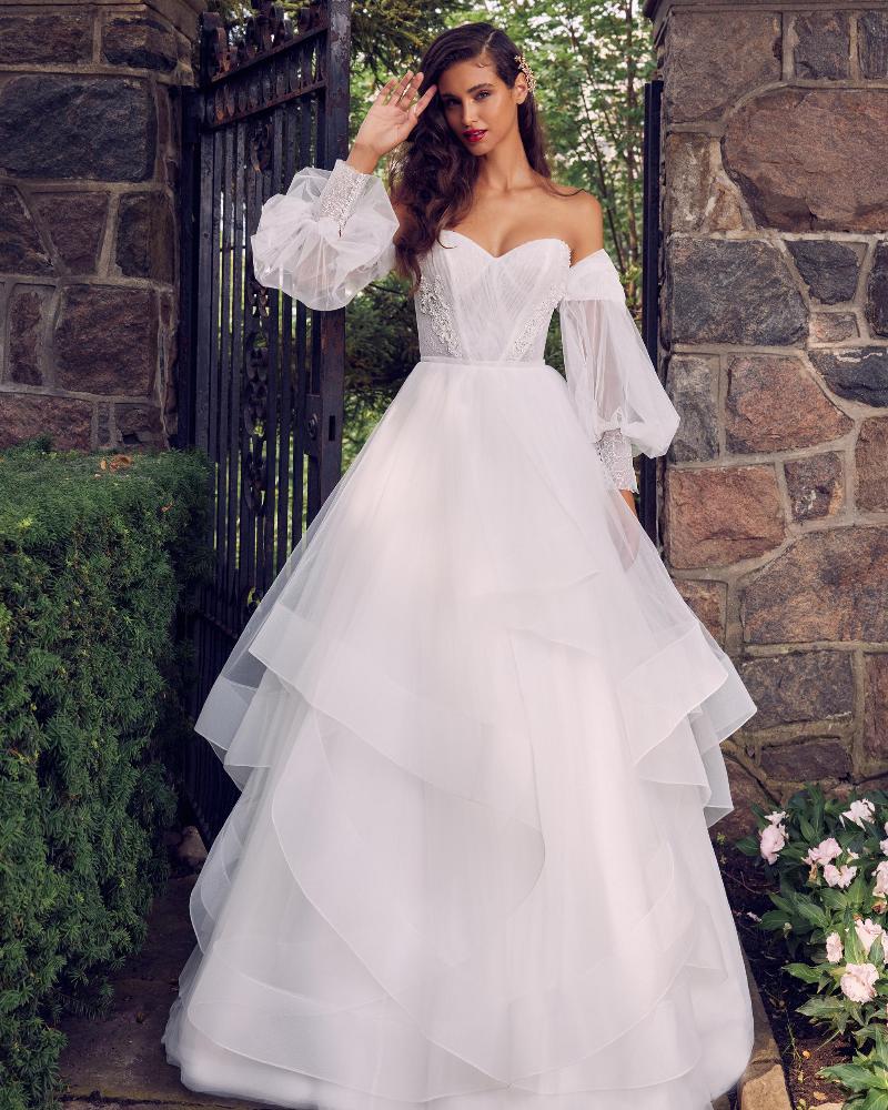 La22112 layered tulle ball gown wedding dress with ruffles and detachable long sleeves3